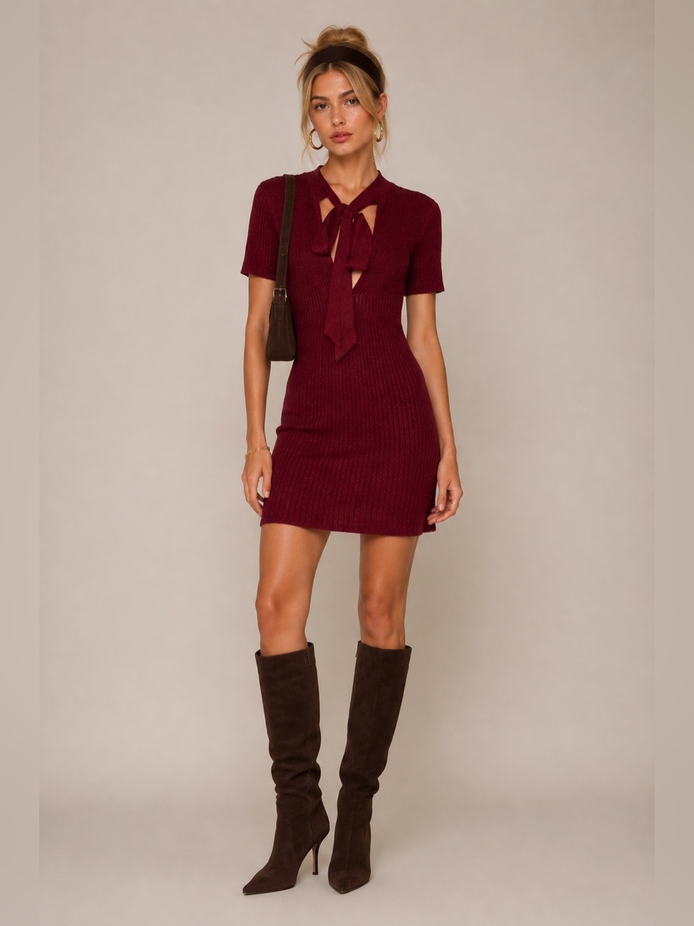 NWOT Sezane Tie-Neck Short Sleeve Mini Knit Dress in Burgundy Holiday Party
